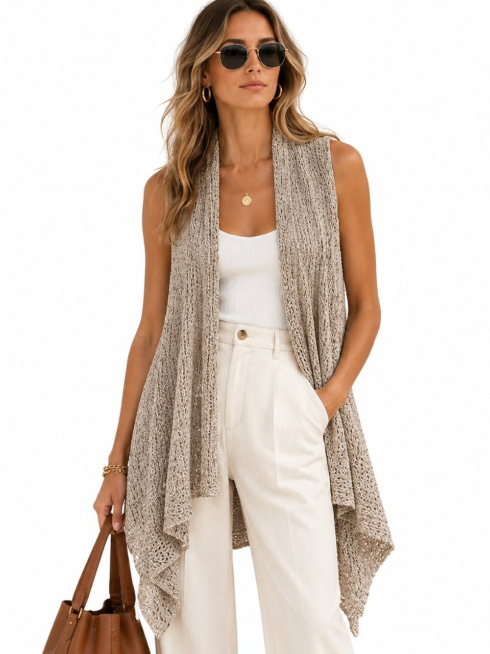 Alice +‎ Olivia Knit Cardigan Womens M Beige Sleeveless Open Front Designer